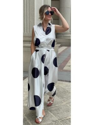 Vintage Regular Fit Polka Dot Shirt Collar Sleeveless Maxi Dress - Image 16