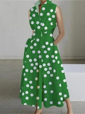 Vintage Regular Fit Polka Dot Shirt Collar Sleeveless Maxi Dress - Image 19