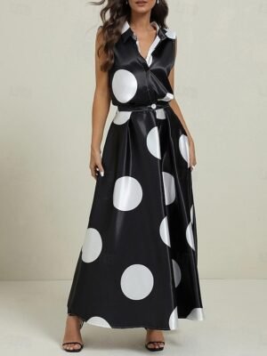 Vintage Regular Fit Polka Dot Shirt Collar Sleeveless Maxi Dress - Image 2