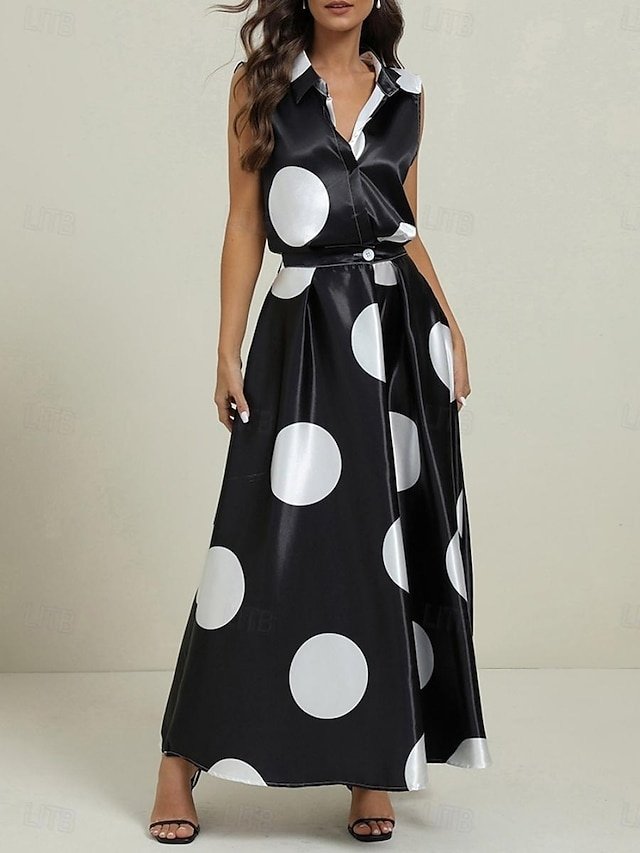 Vintage Regular Fit Polka Dot Shirt Collar Sleeveless Maxi Dress - Image 2