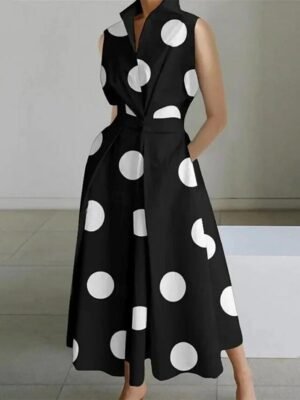 Vintage Regular Fit Polka Dot Shirt Collar Sleeveless Maxi Dress - Image 8
