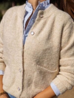 Vintage Regular Fit Pure Colour Crew Neck Long Sleeve Cardigan - Image 3