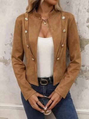 Vintage Regular Fit Solid Colour Button Long Sleeve Faux Leather Jacket - Image 1