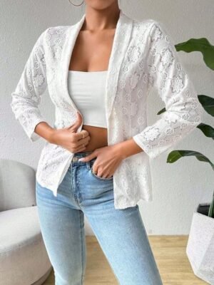 Vintage Regular Fit Solid Colour Lace Windproof Long Sleeve Spring Jacket - Image 3