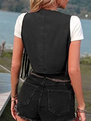 Vintage Regular Fit Solid Colour Sleeveless Irregular Hem Gilet - Image 4