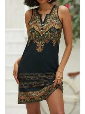 Vintage Regular Fit Tribal Split Neck Sleeveless Mini Dress - Image 2