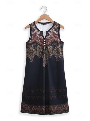 Vintage Regular Fit Tribal Split Neck Sleeveless Mini Dress - Image 7