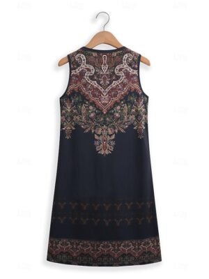 Vintage Regular Fit Tribal Split Neck Sleeveless Mini Dress - Image 8