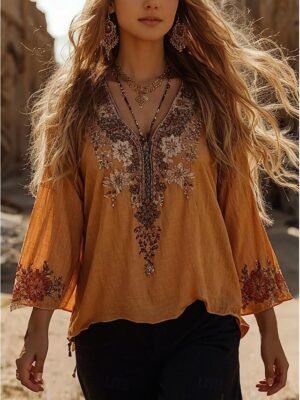 Vintage Regular Floral Crew Boat Neck 3/4 Sleeve Blouse - Image 1
