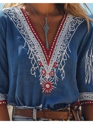 Vintage Regular Floral Crew Boat Neck 3/4 Sleeve Blouse - Image 4