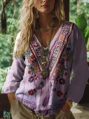 Vintage Regular Floral Crew Boat Neck 3/4 Sleeve Blouse - Image 5