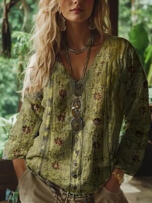 Vintage Regular Floral Crew Boat Neck 3/4 Sleeve Blouse - Image 6