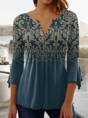 Vintage Regular Floral Round Neck 3/4 Sleeve Blouse - Image 1