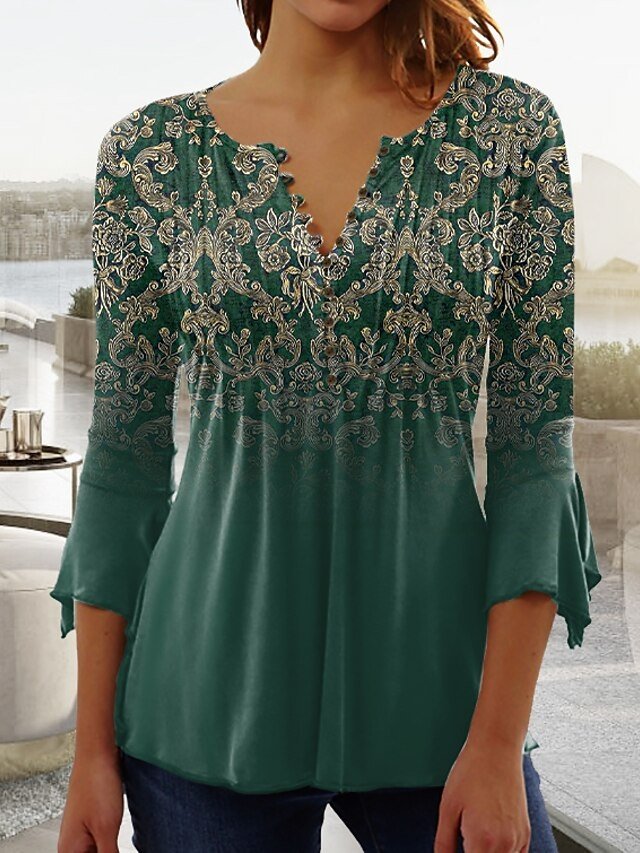 Vintage Regular Floral Round Neck 3/4 Sleeve Blouse - Image 2