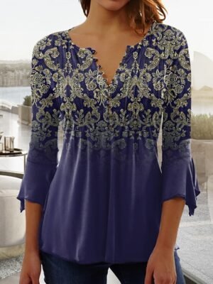 Vintage Regular Floral Round Neck 3/4 Sleeve Blouse - Image 3