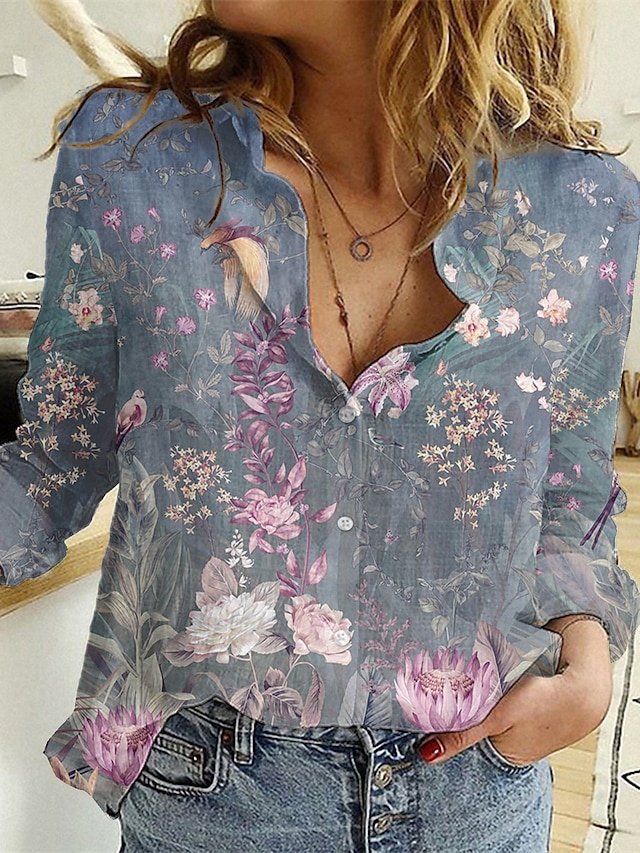 Vintage Regular Floral Shirt Collar Long Sleeve Summer Blouse - Image 3
