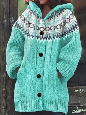 Vintage Regular Geometric Hooded Long Sleeve Regular Cardigan - Image 1