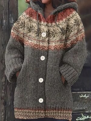 Vintage Regular Geometric Hooded Long Sleeve Cardigan - Image 1