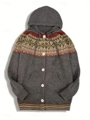 Vintage Regular Geometric Hooded Long Sleeve Cardigan - Image 2