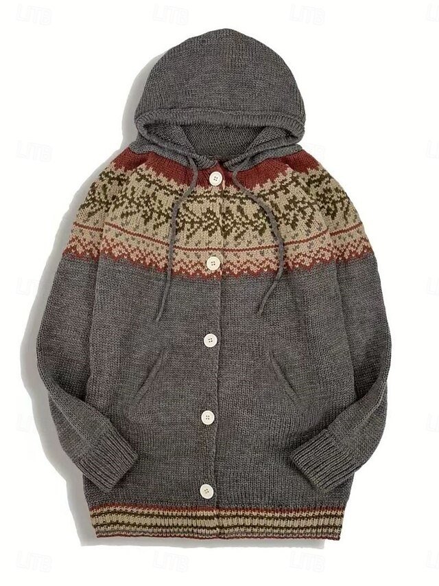 Vintage Regular Geometric Hooded Long Sleeve Cardigan - Image 2