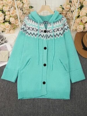 Vintage Regular Geometric Hooded Long Sleeve Regular Cardigan - Image 2