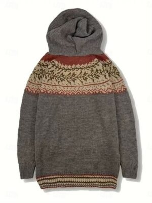 Vintage Regular Geometric Hooded Long Sleeve Cardigan - Image 3