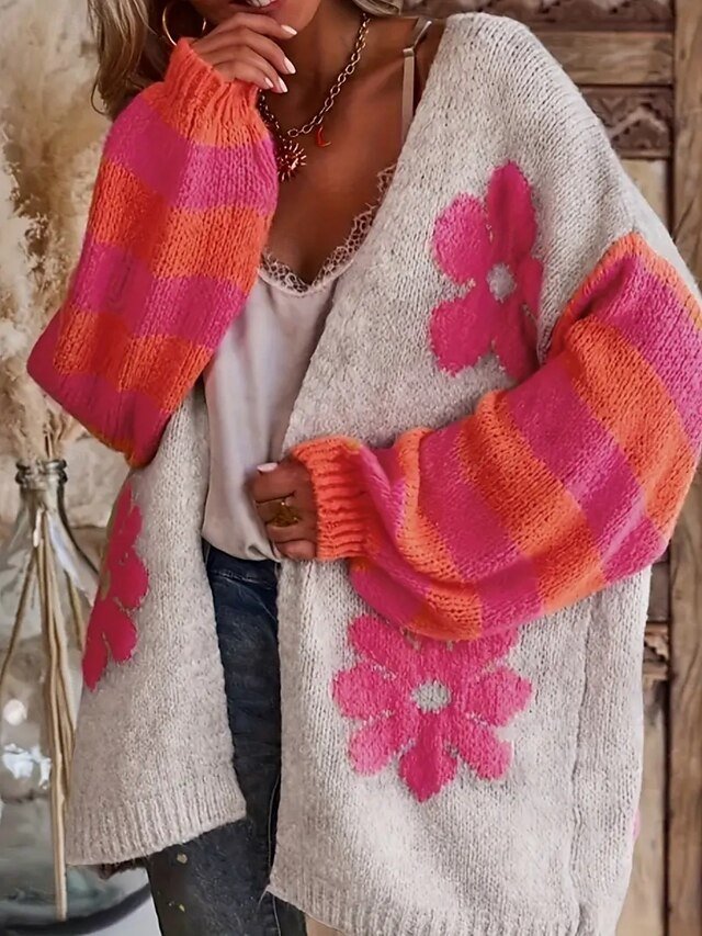 Vintage Regular Geometric Open Front Long Sleeve Regular Cardigan - Image 1