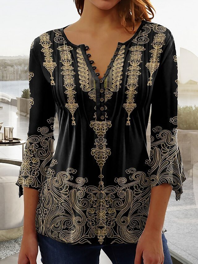 Vintage Regular Graphic Round Neck Long Sleeve Black T-Shirt Blouse - Image 1