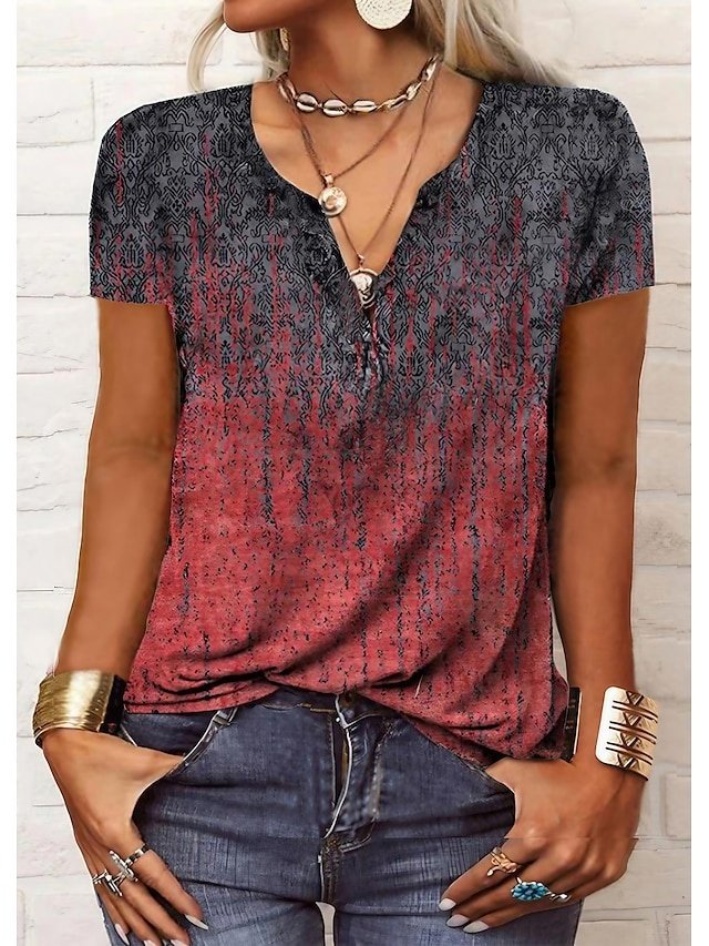 Vintage Regular Paisley V Neck Short Sleeve Henley Shirt - Image 1