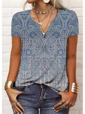 Vintage Regular Paisley V Neck Short Sleeve Henley Shirt - Image 3