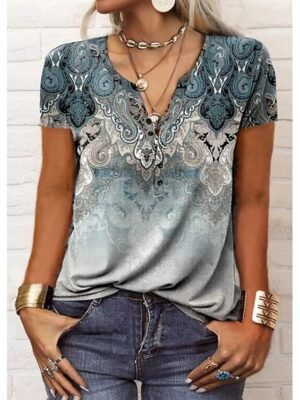Vintage Regular Paisley V Neck Short Sleeve Henley Shirt - Image 4