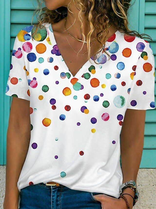 Vintage Regular Polka Dot V Neck Short Sleeve Casual T-Shirt - Image 1