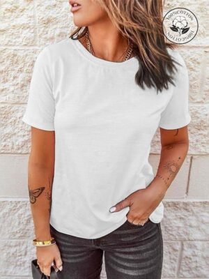 Vintage Regular Solid Round Neck Short Sleeve Top - Image 1