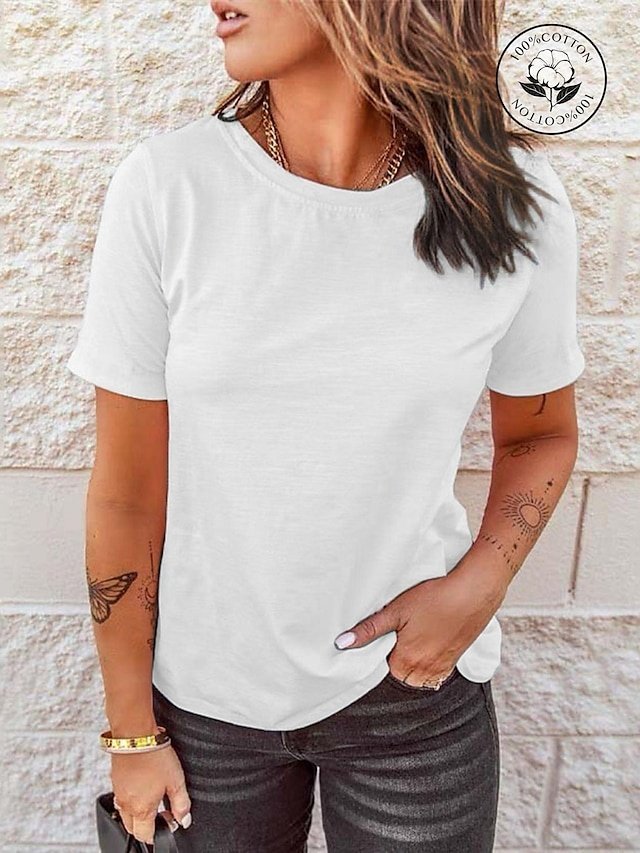 Vintage Regular Solid Round Neck Short Sleeve Top - Image 1