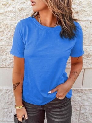 Vintage Regular Solid Round Neck Short Sleeve Top - Image 15