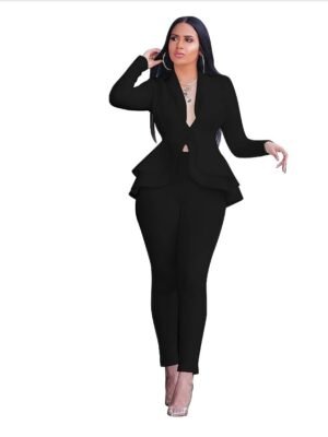 Vintage Regular Solid Shirt Collar Long Sleeve Office Blazer Suit Set - Image 4