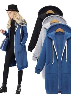 Vintage Relaxed Solid Zip Up Long Sleeve Long Hoodie - Image 3