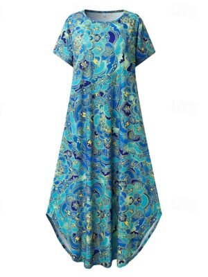 Vintage Shift Floral Crew Neck Short Sleeve Maxi Dress - Image 3