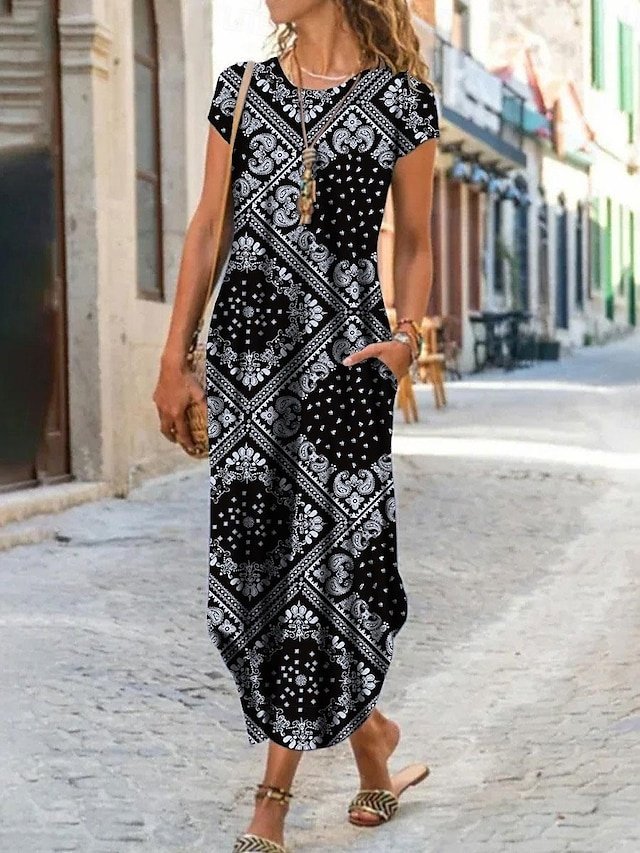 Vintage Shift Geometric Crew Neck Short Sleeve Maxi Dress - Image 1