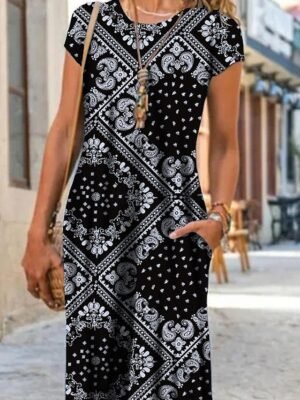 Vintage Shift Geometric Crew Neck Short Sleeve Maxi Dress - Image 2