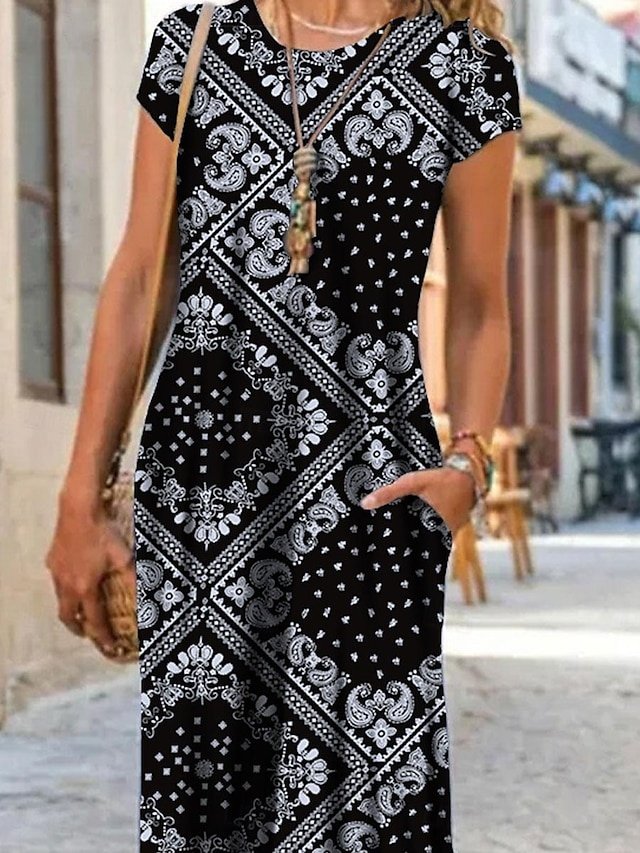 Vintage Shift Geometric Crew Neck Short Sleeve Maxi Dress - Image 2