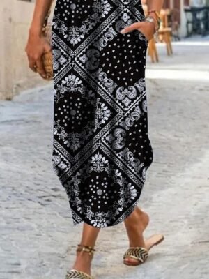 Vintage Shift Geometric Crew Neck Short Sleeve Maxi Dress - Image 3
