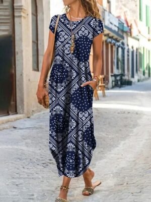 Vintage Shift Geometric Crew Neck Short Sleeve Maxi Dress - Image 4