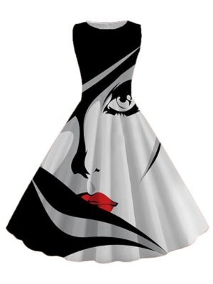 Vintage Slim Abstract Crew Neck Sleeveless Midi Dress - Image 1