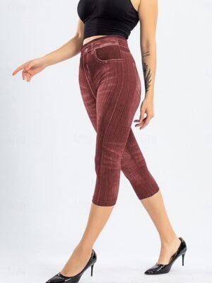 Vintage Slim Fit 3D Print High Waist Calf-Length Chinos - Image 11