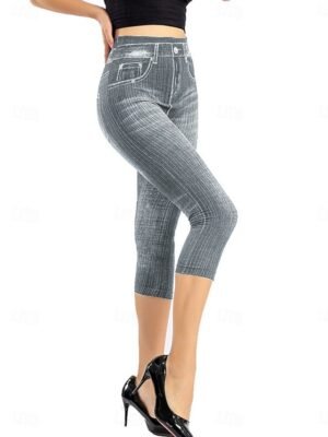 Vintage Slim Fit 3D Print High Waist Calf-Length Chinos - Image 15
