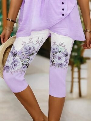 Vintage Slim Fit Floral High Waist Calf-Length Leggings - Image 7
