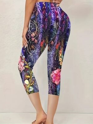 Vintage Slim Fit Floral High Waist Capri Leggings - Image 2