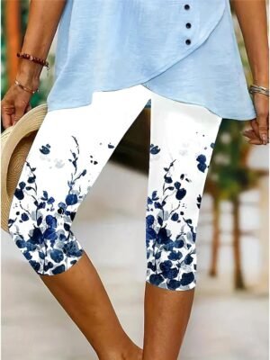 Vintage Slim Fit High Waist Floral Graphic Calf-Length Leggings - Image 1