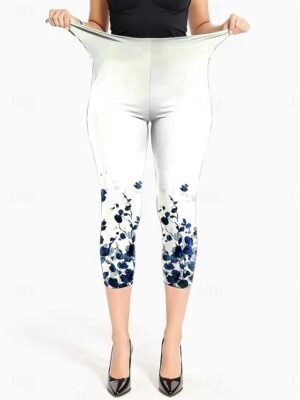 Vintage Slim Fit High Waist Floral Graphic Calf-Length Leggings - Image 3